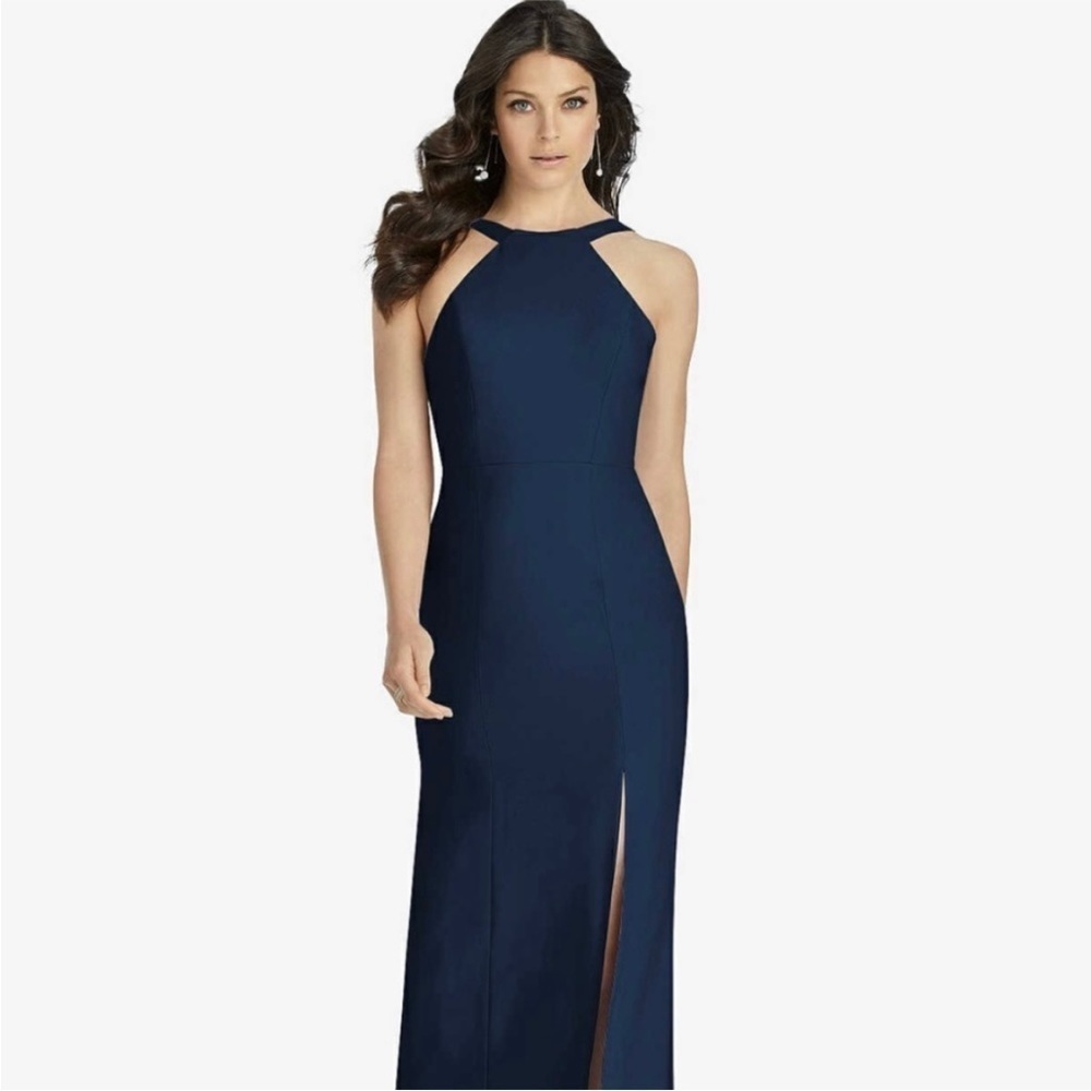 NWT Dessy Collection Vivian Diamond Crepe Halter Cross Back Maxi Dress Midnight